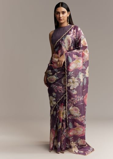Purple Crush Tissue Saree With Floral Print And Embroidered Border
