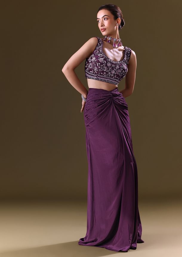 Purple Embroidered Drape Skirt With Embroidered Net Cape