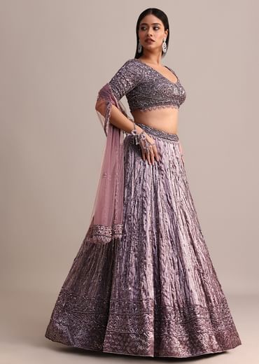 Purple Organza Bridal Lehenga With Embroidered Blouse And Net Dupatta