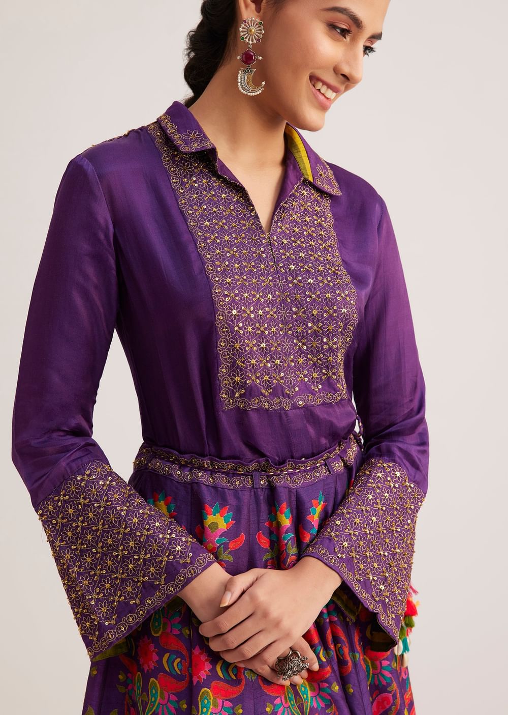 Purple Silk Shirt And Skirt Set With Zari Embroidery