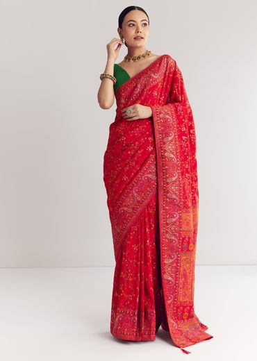 Red Dola Silk Saree With Traditional Floral Amd Jaal Work