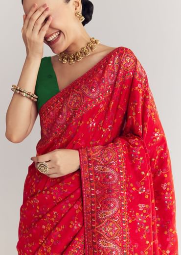 Red Dola Silk Saree With Traditional Floral Amd Jaal Work