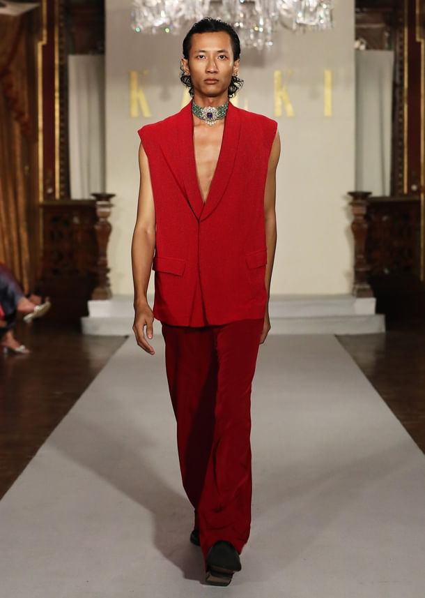 Red Tussar Indo Western Set For Men With Beaded Gilet