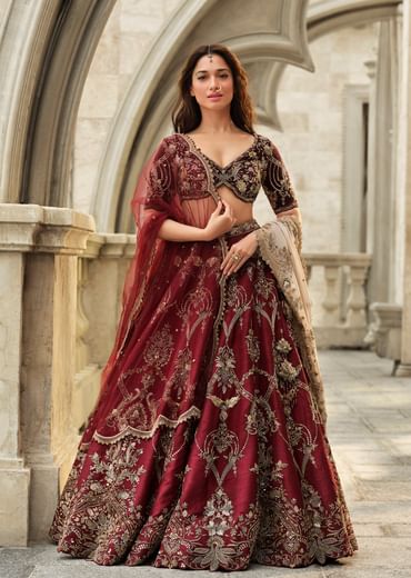 Red Velvet Bridal Lehenga With Cutdana Beads And Sequins Embroidery
