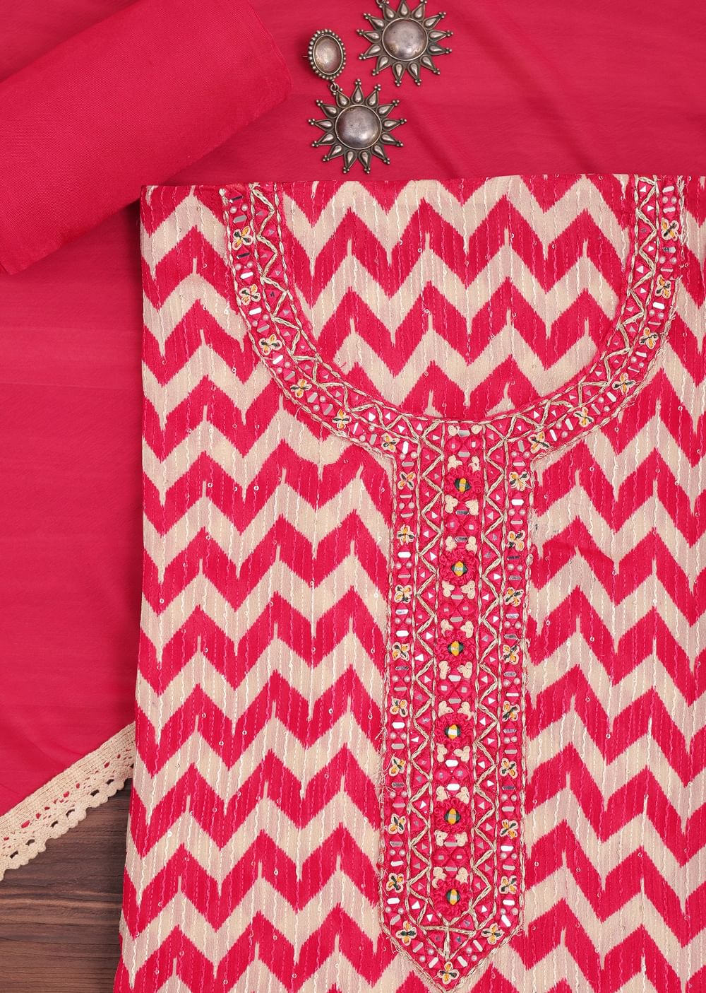 Red Chevron Printed Georgette Dress Material
