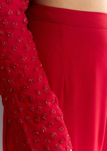 Red Georgette Beaded Kurta Sharara Suit