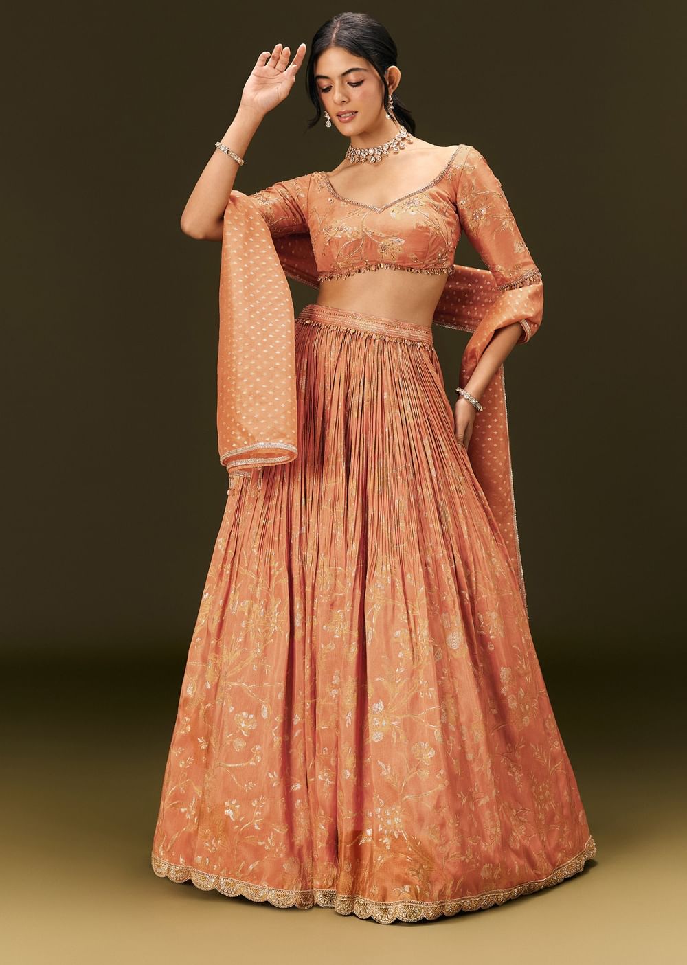 Rust Orange Tassel Embroidered Blouse With Lehenga And Dupatta