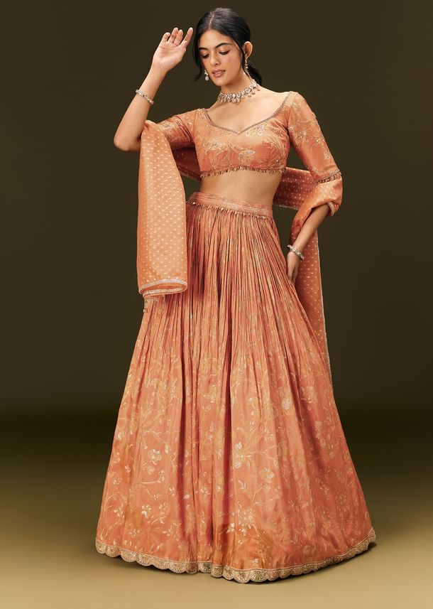 Rust Orange Tassel Embroidered Blouse With Lehenga And Dupatta