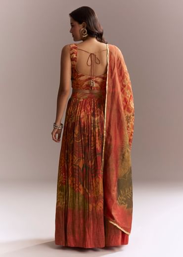 Rust Orange Tissue Lehenga Choli With Floral Print