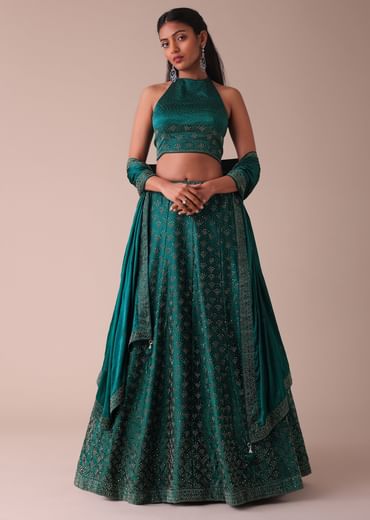 Deep Green Swarovski Embellished Lehenga In Wrinkle Satin