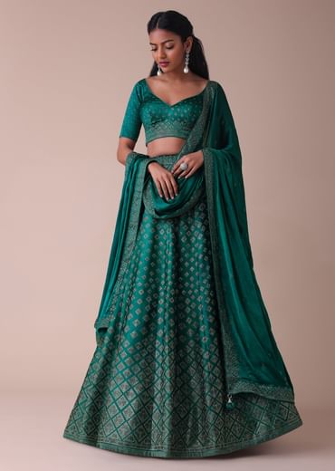 Deep Green Swarovski Embellished Lehenga In Wrinkle Satin