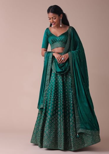 Deep Green Swarovski Embellished Lehenga In Wrinkle Satin