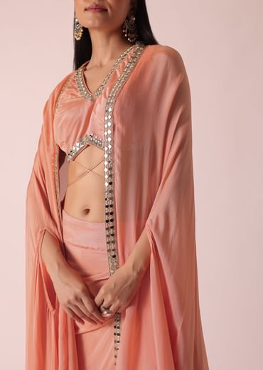 Peach Jacket And Dhoti Set With Mirror Work
