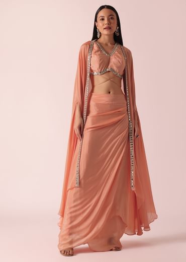 Peach Jacket And Dhoti Set With Mirror Work