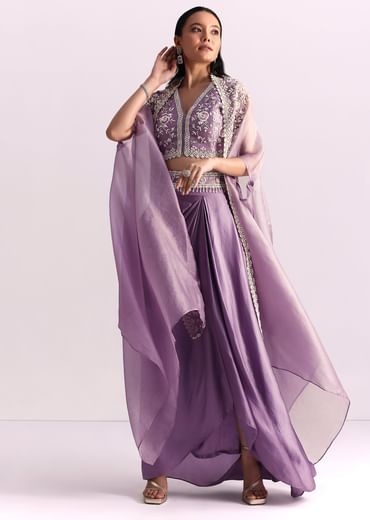 Lavender Moti Work Crop Top Suit Embroidered Jacket