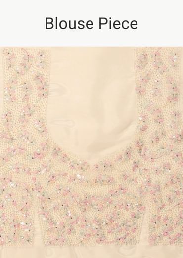 Off White Organza Saree In Thread Work With Unstitched Blouse