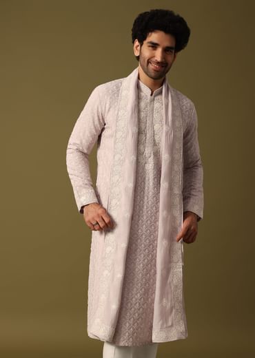 Lavender Kurta Pant Set With Dupatta In Resham Work For Men