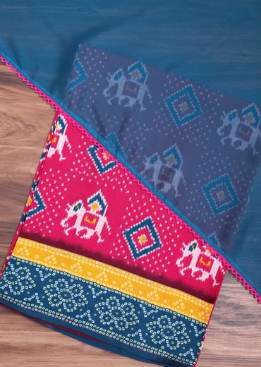 Pink And Blue Patola Printed Tussar Dress Material