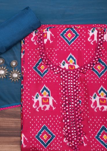 Pink And Blue Patola Printed Tussar Dress Material