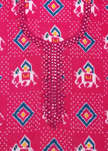 Pink And Blue Patola Printed Tussar Dress Material