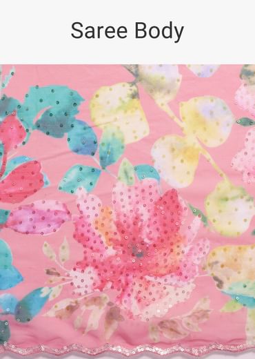 Pink Floral Printed Organza Saree With Unstitched Blouse