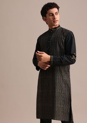 Black Hand Block Printed Foil Work Kurta Set