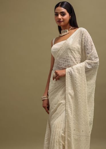 Off White Georgette Chikankari Embroidered Saree With Unstitched Blouse