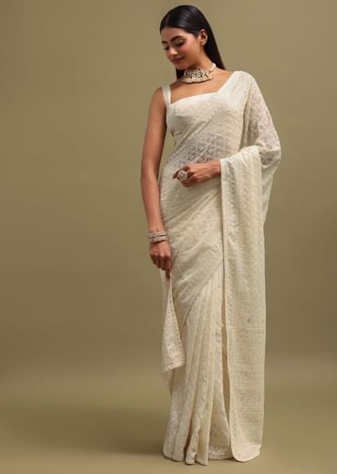 Off White Georgette Chikankari Embroidered Saree With Unstitched Blouse