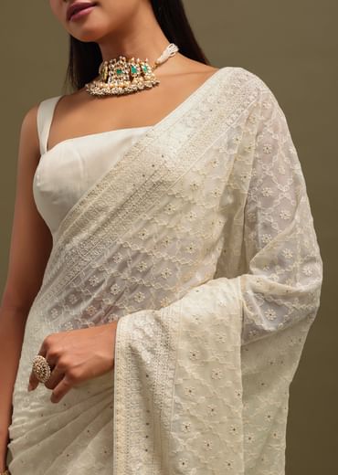 Off White Georgette Chikankari Embroidered Saree With Unstitched Blouse
