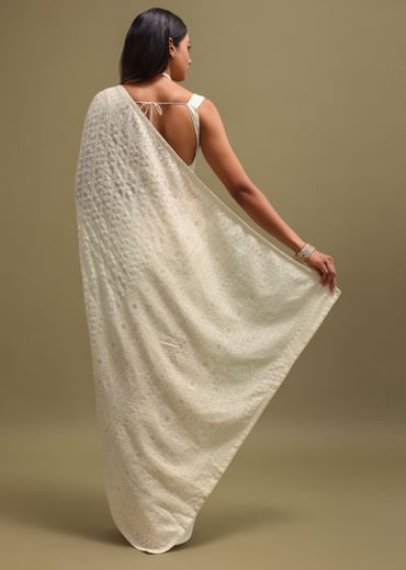 Off White Georgette Chikankari Embroidered Saree With Unstitched Blouse