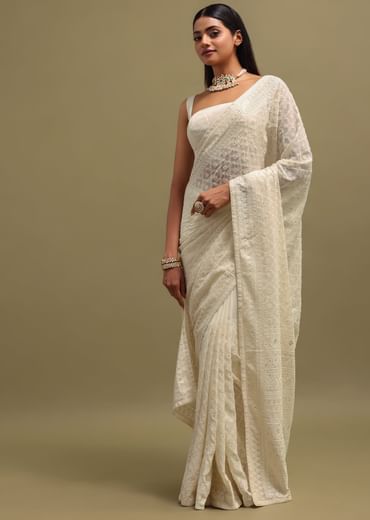 Off White Georgette Chikankari Embroidered Saree With Unstitched Blouse
