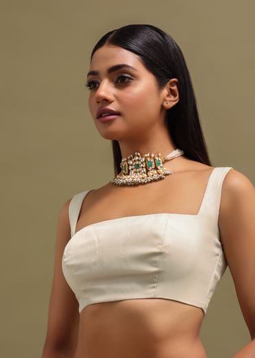 Off White Georgette Chikankari Embroidered Saree With Unstitched Blouse