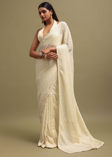 Off White Georgette Saree In Chikankari Work With Unstitched Blouse