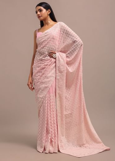 Light Pink Georgette Chikankari Jaal Work Saree With Unstitched Blouse