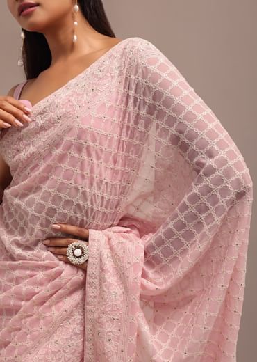 Light Pink Georgette Chikankari Jaal Work Saree With Unstitched Blouse