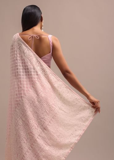 Light Pink Georgette Chikankari Jaal Work Saree With Unstitched Blouse
