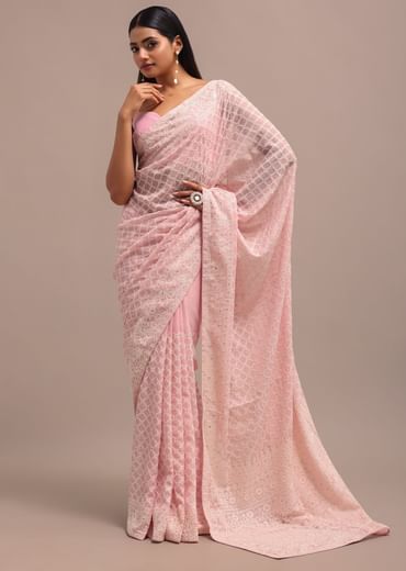 Light Pink Georgette Chikankari Jaal Work Saree With Unstitched Blouse