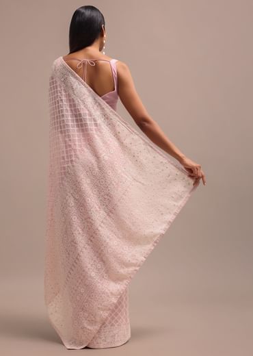 Light Pink Georgette Chikankari Jaal Work Saree With Unstitched Blouse
