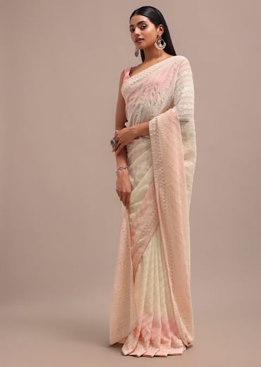 Peach Ombre Chikankari Saree With Unstitched Blouse
