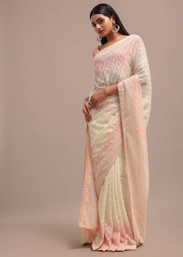 Peach Ombre Chikankari Saree With Unstitched Blouse