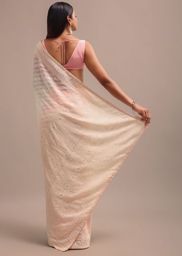 Peach Ombre Chikankari Saree With Unstitched Blouse