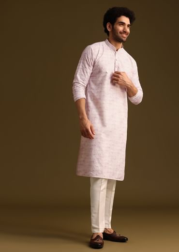 Lilac Silk Schiffli Work Kurta And Pant