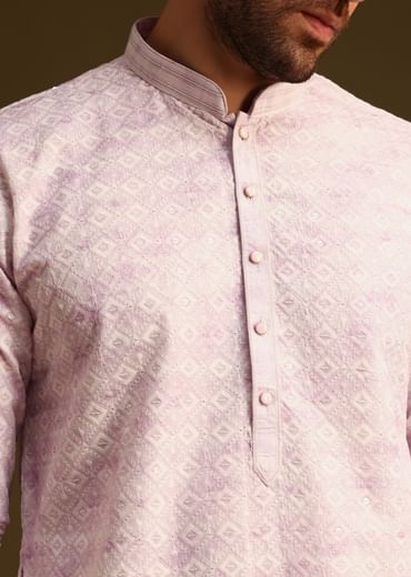 Lilac Silk Schiffli Work Kurta And Pant