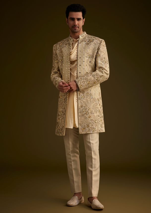 Light Gold Silk Open Sherwani Set With Zardosi Handwork Light Gold Silk Open Sherwani Set With Zardosi Handwork