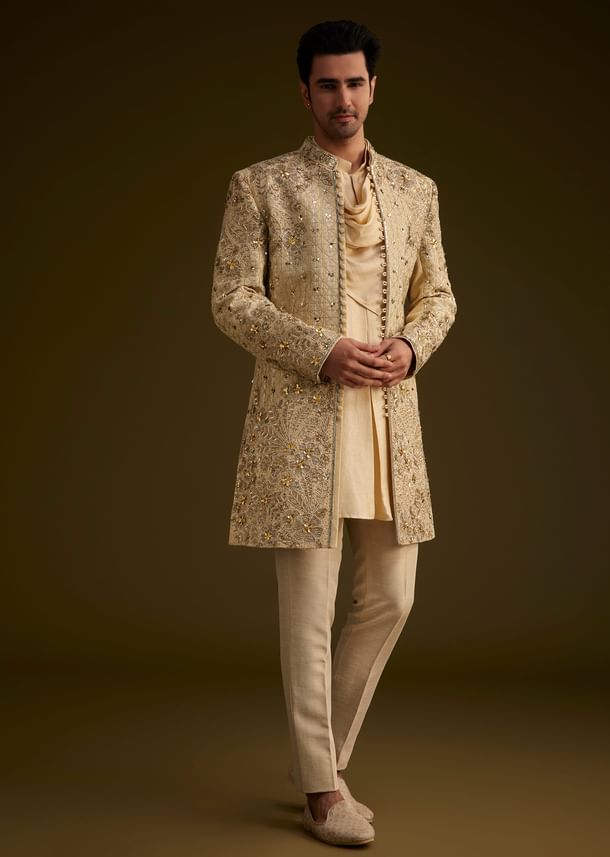 Light Gold Silk Open Sherwani Set With Zardosi Handwork Light Gold Silk Open Sherwani Set With Zardosi Handwork