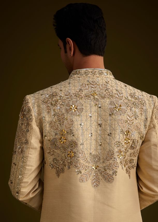 Light Gold Silk Open Sherwani Set With Zardosi Handwork Light Gold Silk Open Sherwani Set With Zardosi Handwork