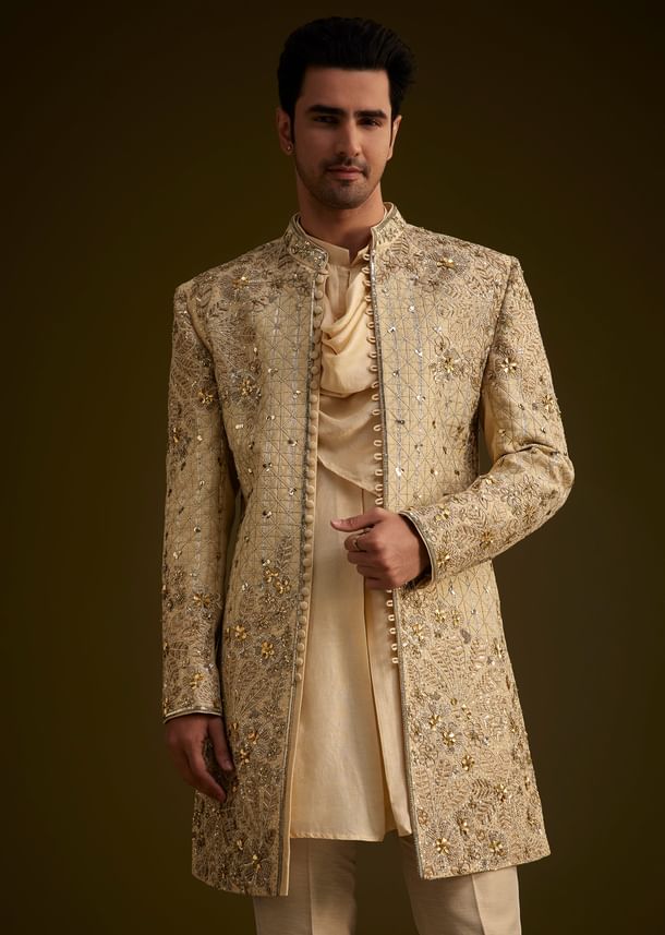 Light Gold Silk Open Sherwani Set With Zardosi Handwork Light Gold Silk Open Sherwani Set With Zardosi Handwork