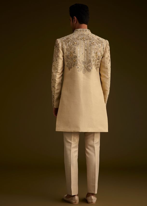 Light Gold Silk Open Sherwani Set With Zardosi Handwork Light Gold Silk Open Sherwani Set With Zardosi Handwork