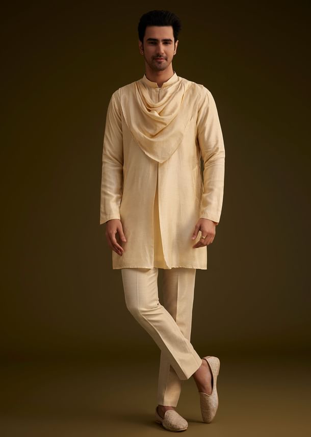 Light Gold Silk Open Sherwani Set With Zardosi Handwork Light Gold Silk Open Sherwani Set With Zardosi Handwork