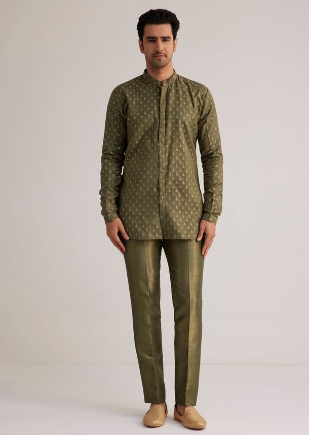 Olive Green Silk Indowestern Suit With Mirror Work